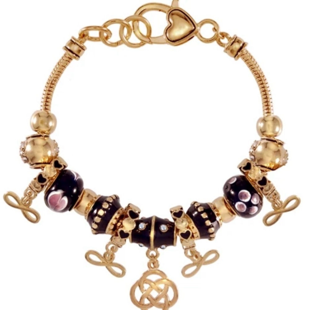 “Infinity Theme” Black Charm Bracelet By Landau, Vintage, 15 Charms, Nwt.